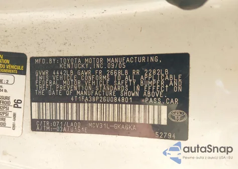 2006 Toyota Camry Solara Sle из США, поврежденный, VIN 4T1FA38P26U084801